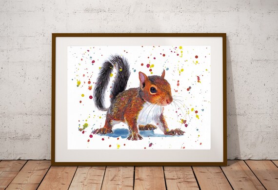 Red Squirrel Watercolor Splash Woodland Animal Nature Art Poster
