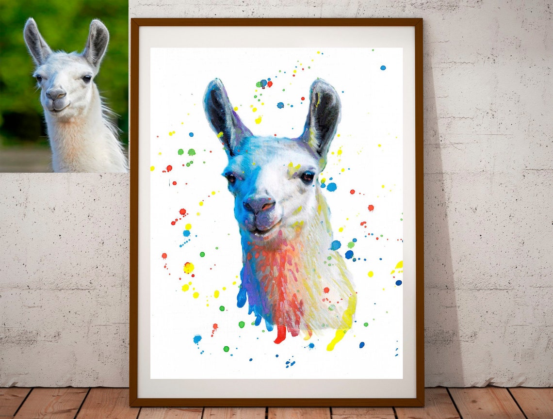 Custom White Llama Portrait Colorful Watercolor Splash Poster