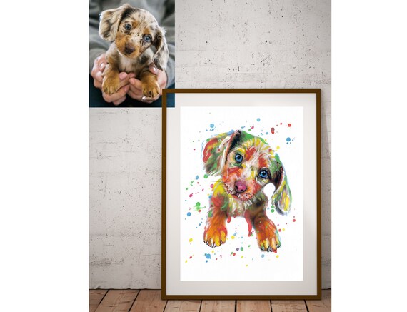 Custom Dachshund Puppy Portrait Colorful Watercolor Art Poster