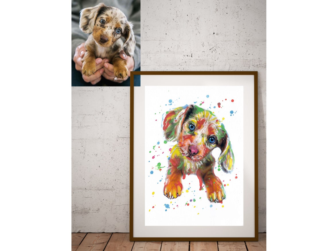Custom Dachshund Puppy Portrait Colorful Watercolor Art Poster