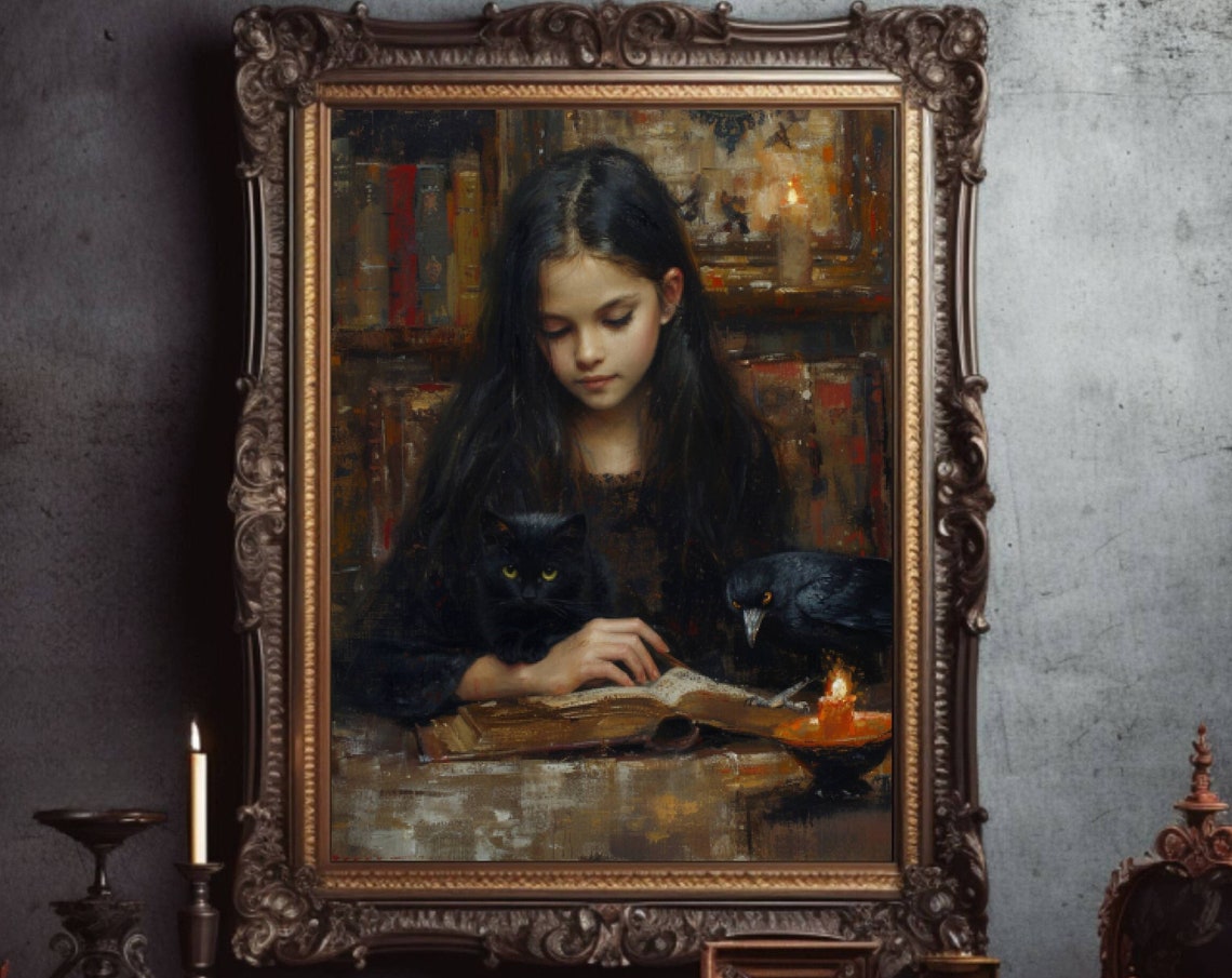 Girl Reading by Candlelight With a Black Cat and Crow Poster