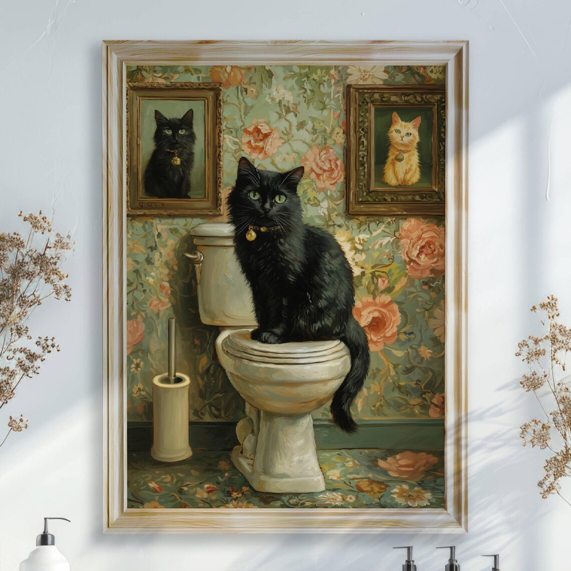 Black Cat Sitting on a Toilet in a Vintage Floral Bathroom Poster