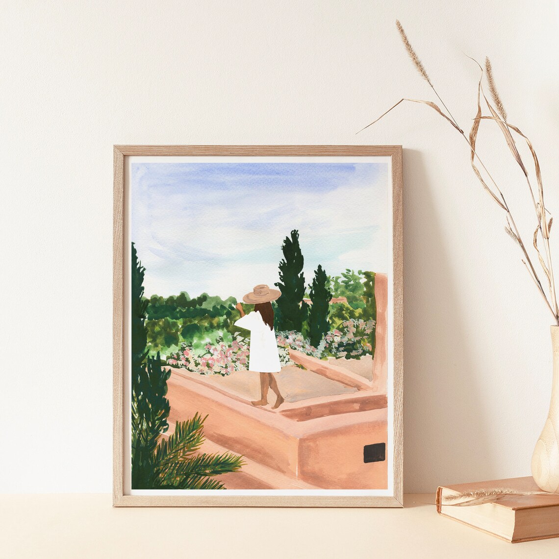 Woman On Terracotta Terrace Morocco Garden View Watercolor Travel Poster - Image 4