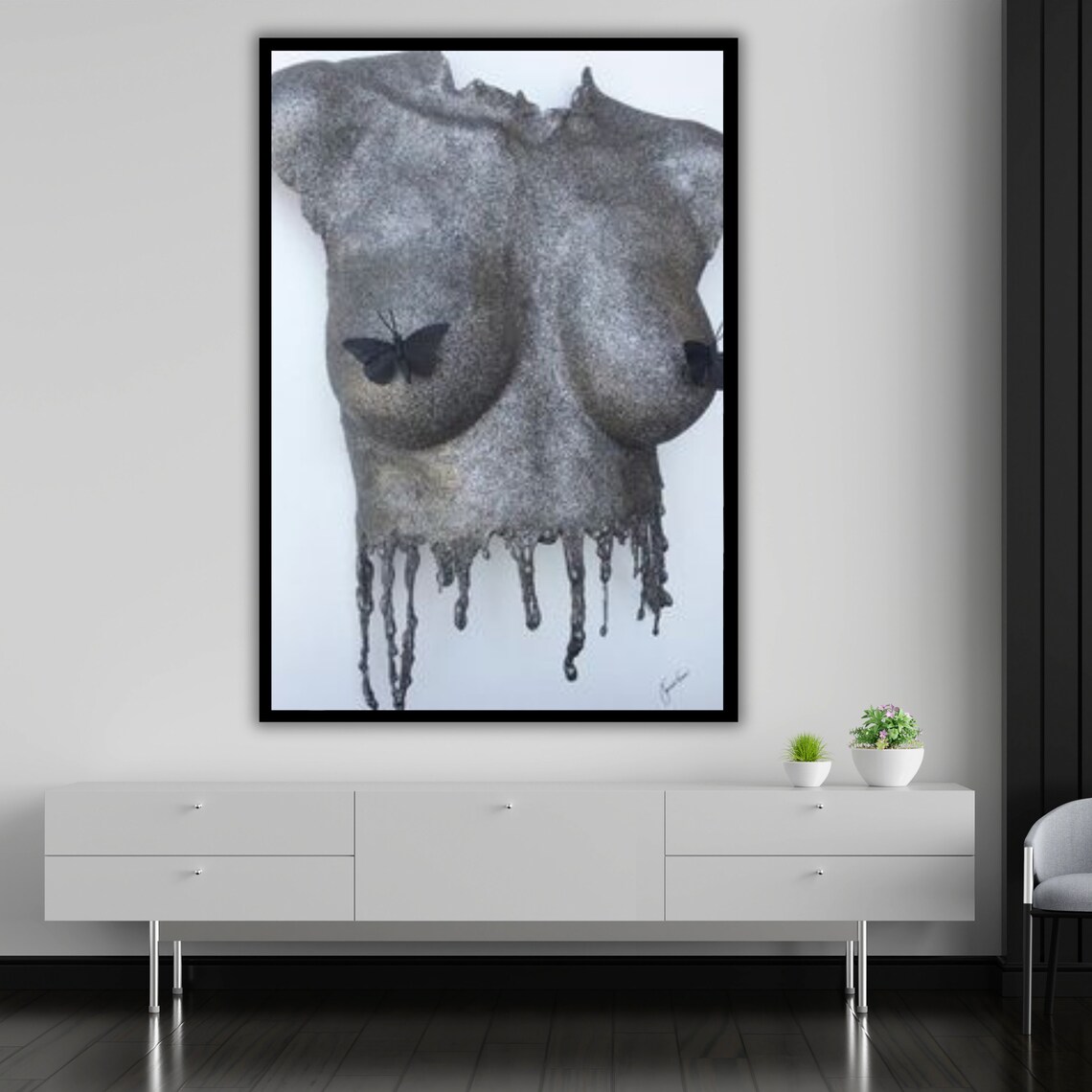 Metal Female Torso Sculpture Butterflies Surreal Grey Modern Wall Art Print - Image 5