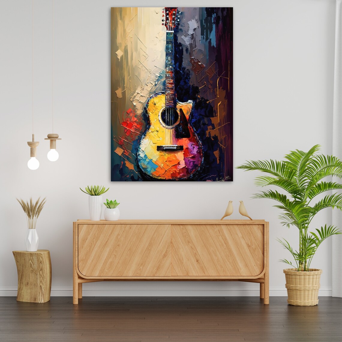 Colorful Acoustic Guitar Impasto Oil Painting Vibrant Music Room Wall Art - Image 3