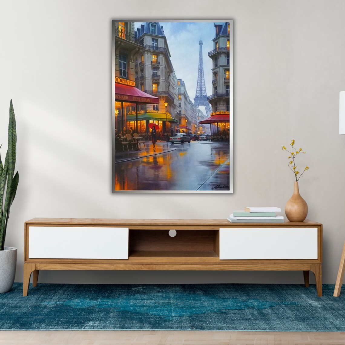 Rainy Paris Street Eiffel Tower Evening Cafe Scene Oil Painting Poster - Image 2