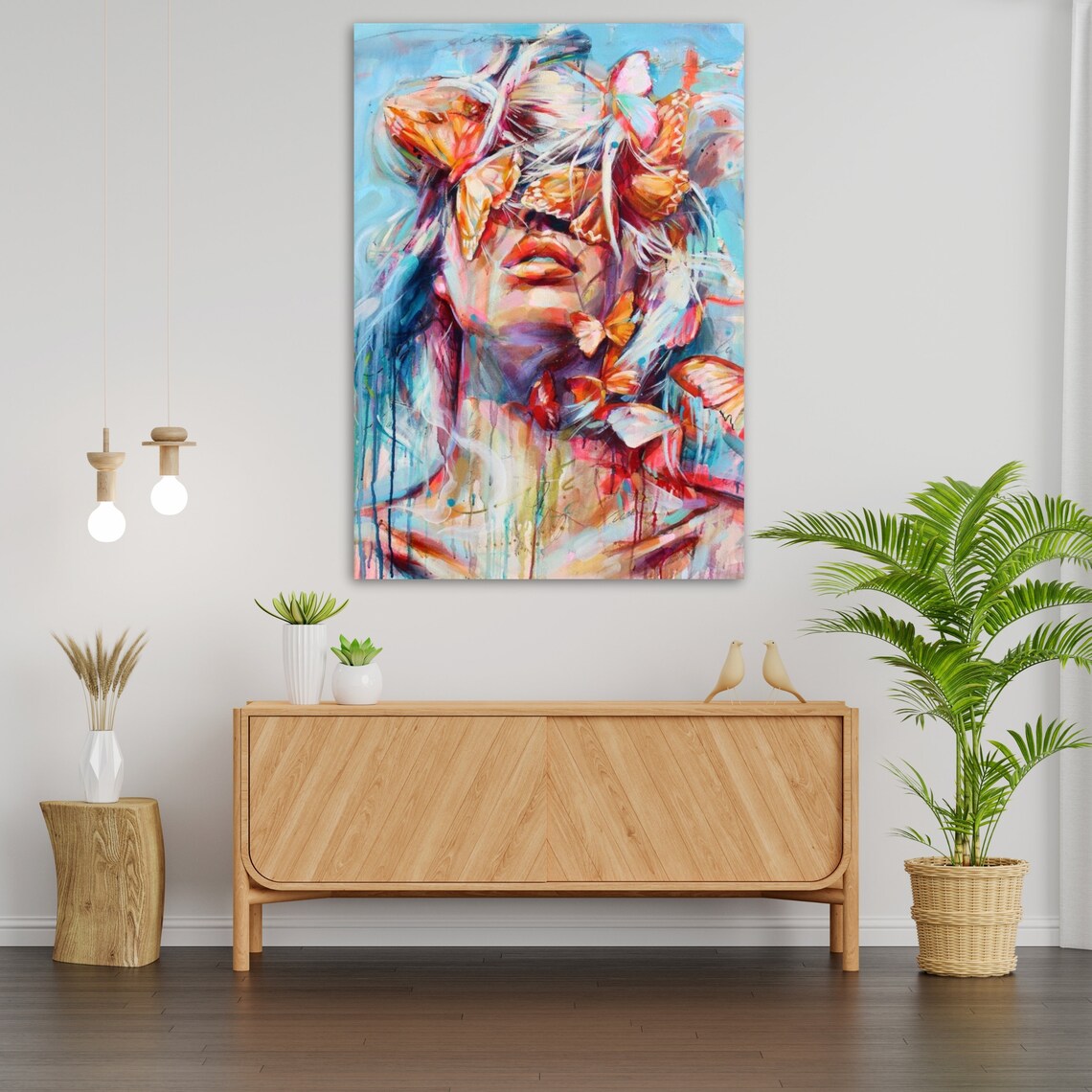Dreamy Woman Face With Butterflies Watercolor Floral Art Wall Poster - Image 3