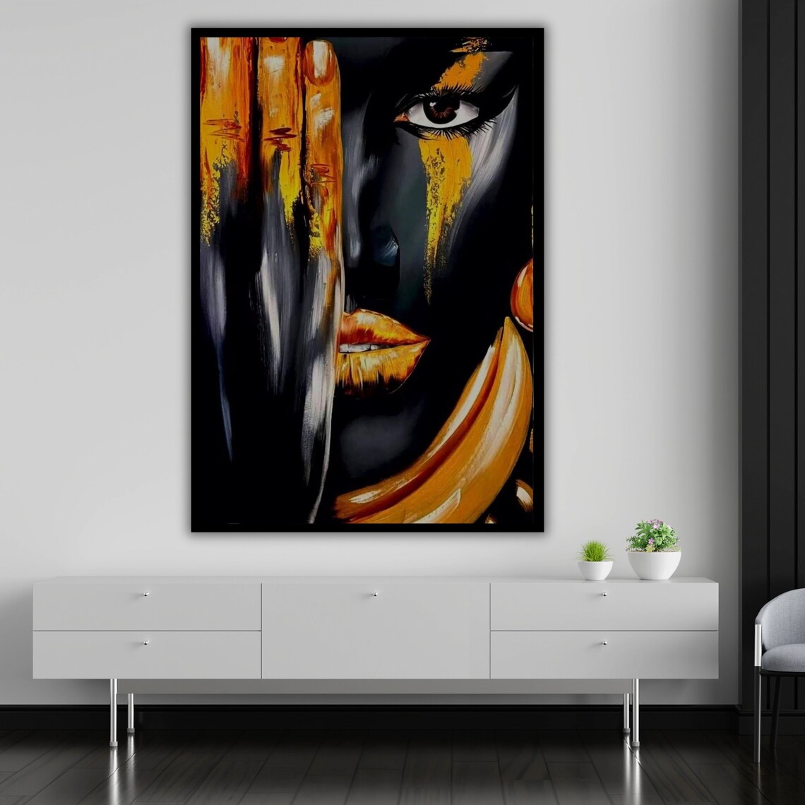 Dramatic Black Gold Woman Face Portrait With Golden Painted Accents Print - Image 5