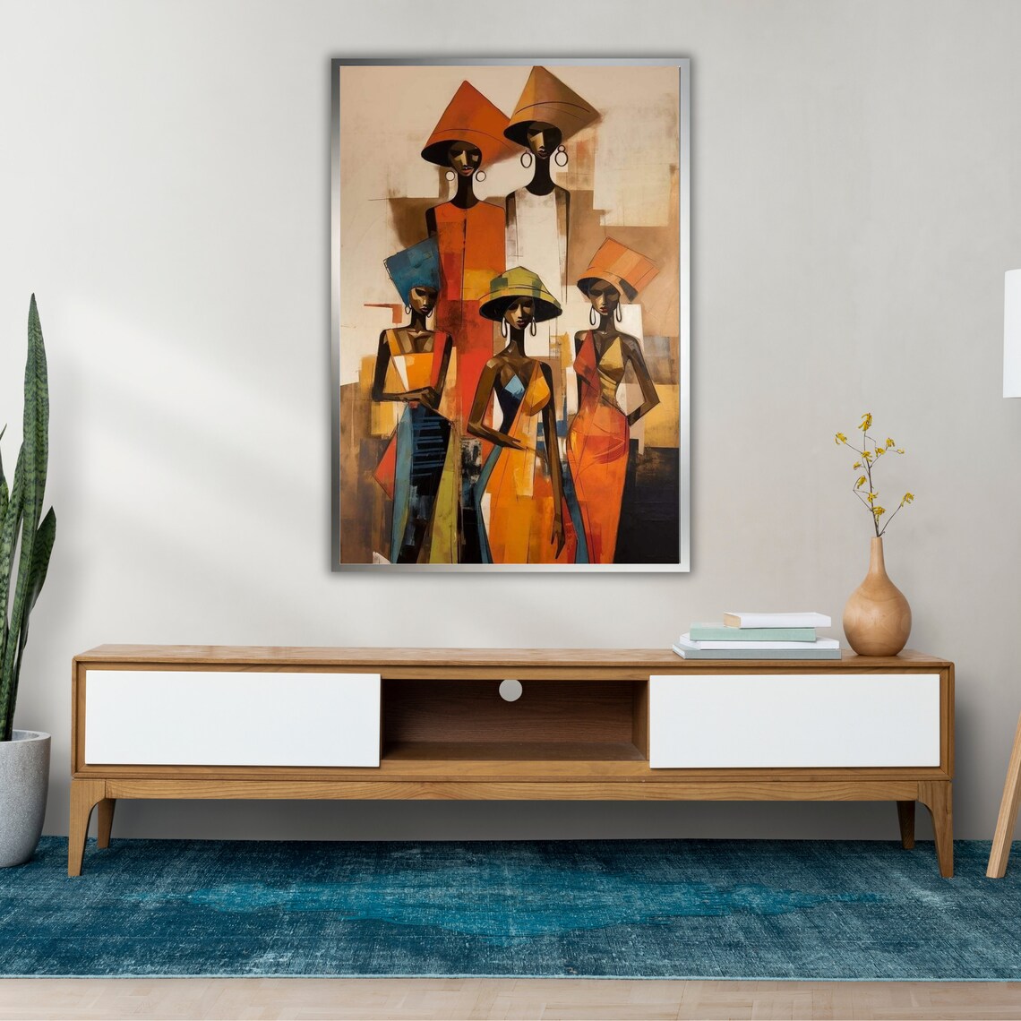 Five African Women Tall Headwraps Cubist Warm Colors Art Poster - Image 2