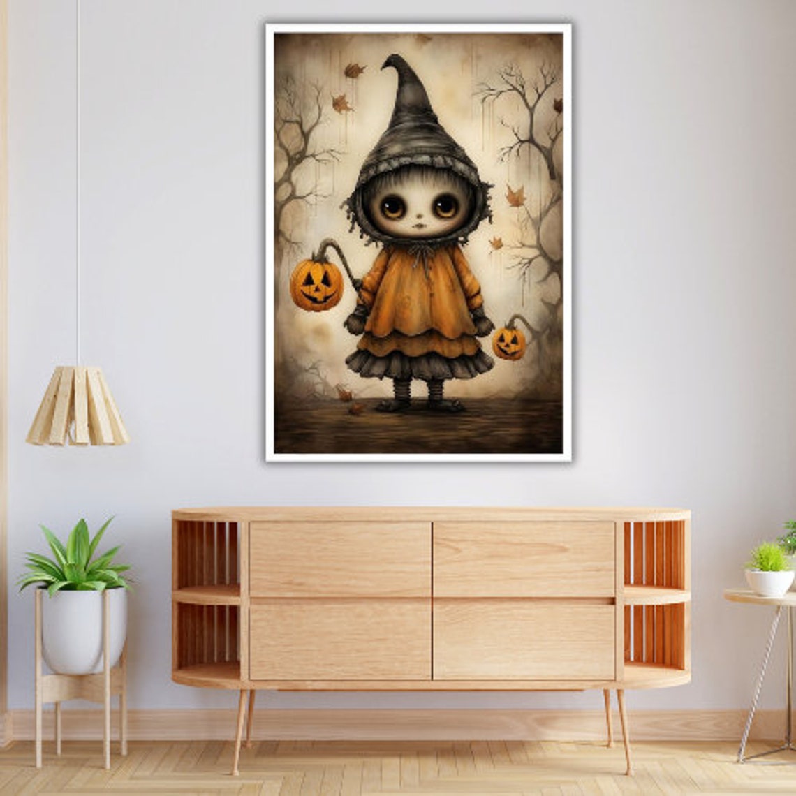 Cute Gothic Witch Child With Pumpkins Big Eyes Halloween Art Print - Image 4