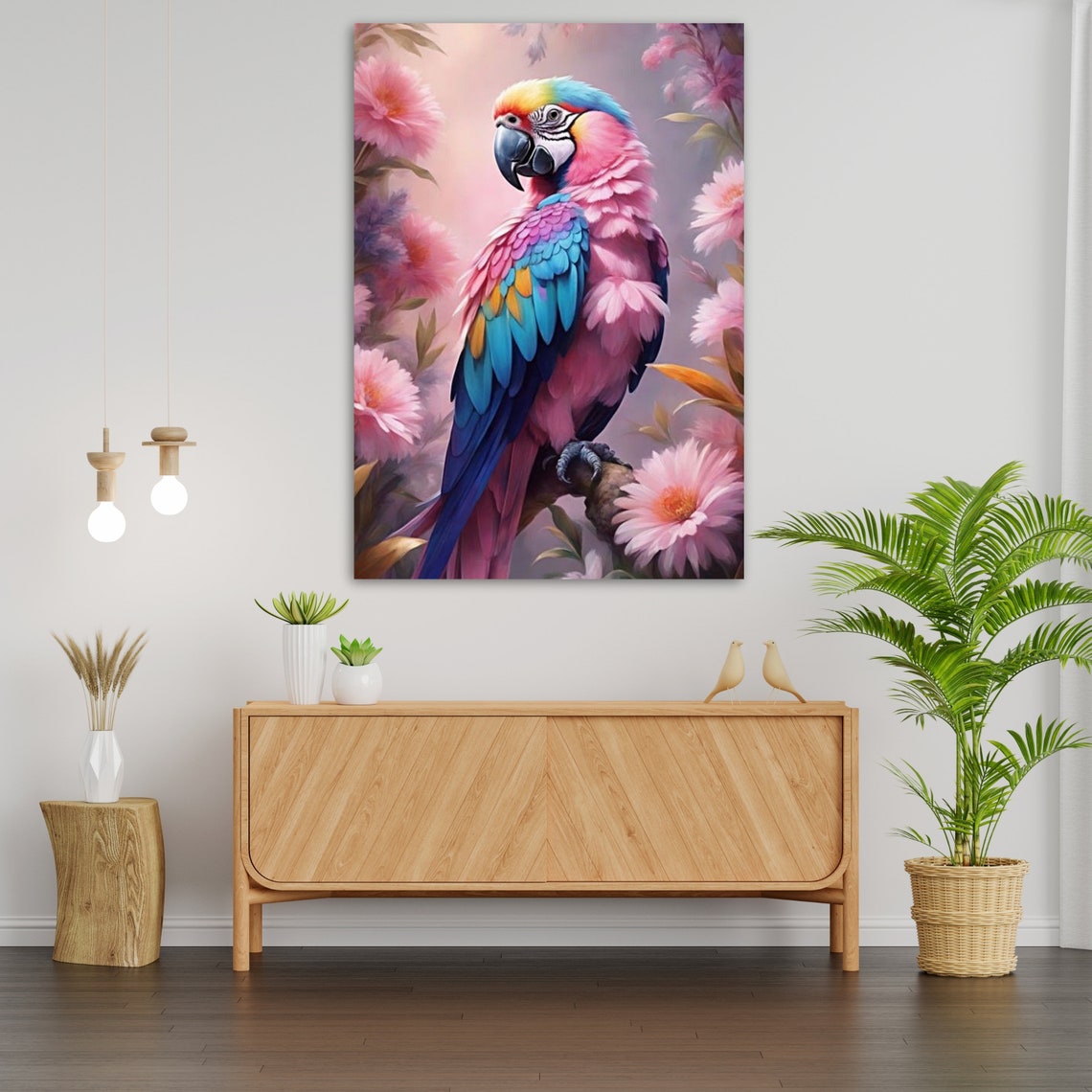 Pink Parrot With Blue Wings Perched Among Blooming Flowers Art Poster - Image 3
