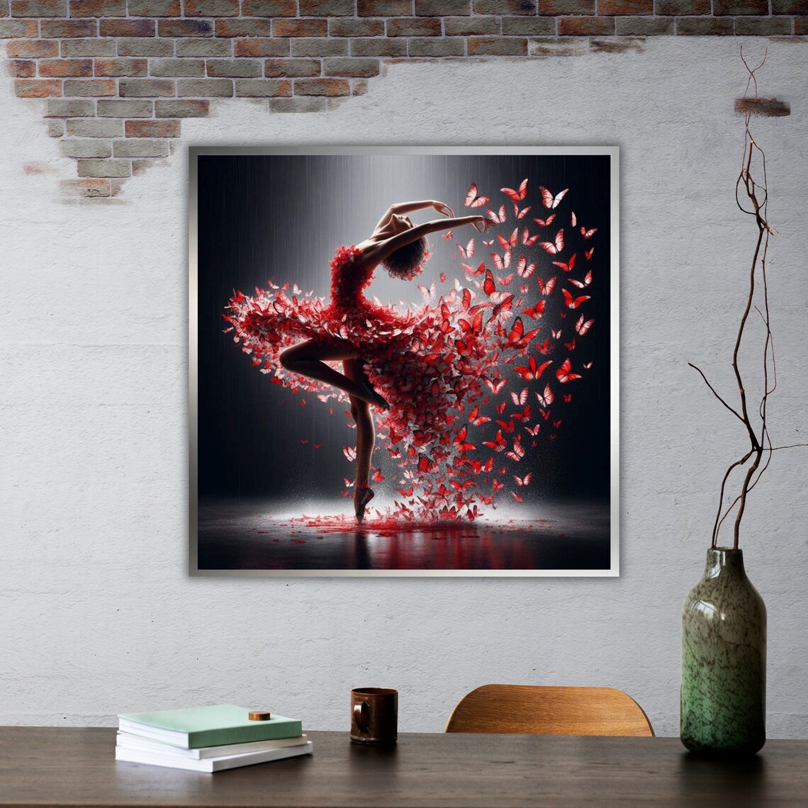Ballerina Red Butterfly Dress Arabesque Spotlight Dance Wall Art - Image 2