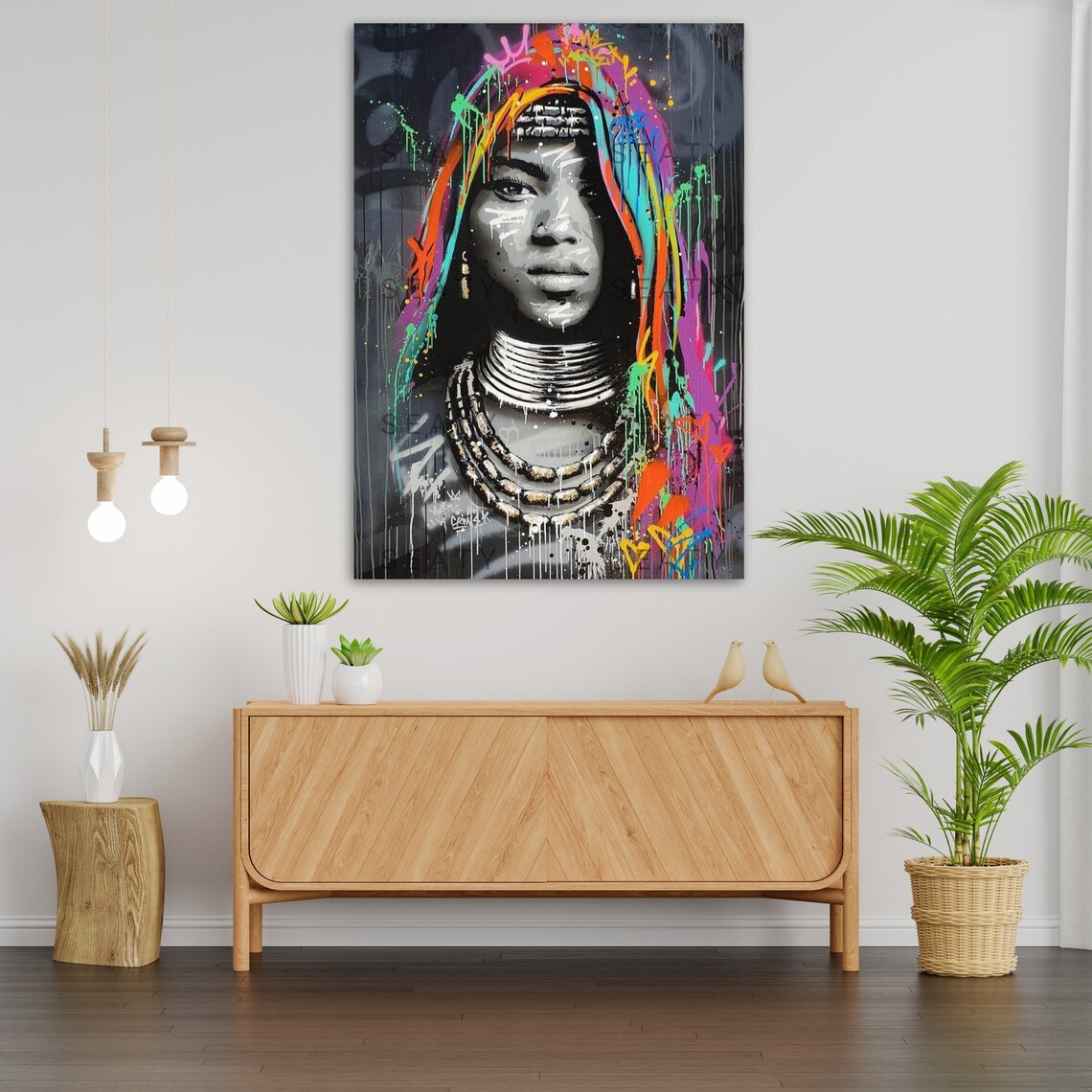 Graffiti Tribal Woman Portrait With Neck Rings Colorful Street Art Poster - Image 3