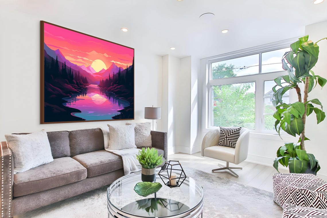 Pink Sunset Mountain Lake Forest Reflection Landscape Poster - Image 2