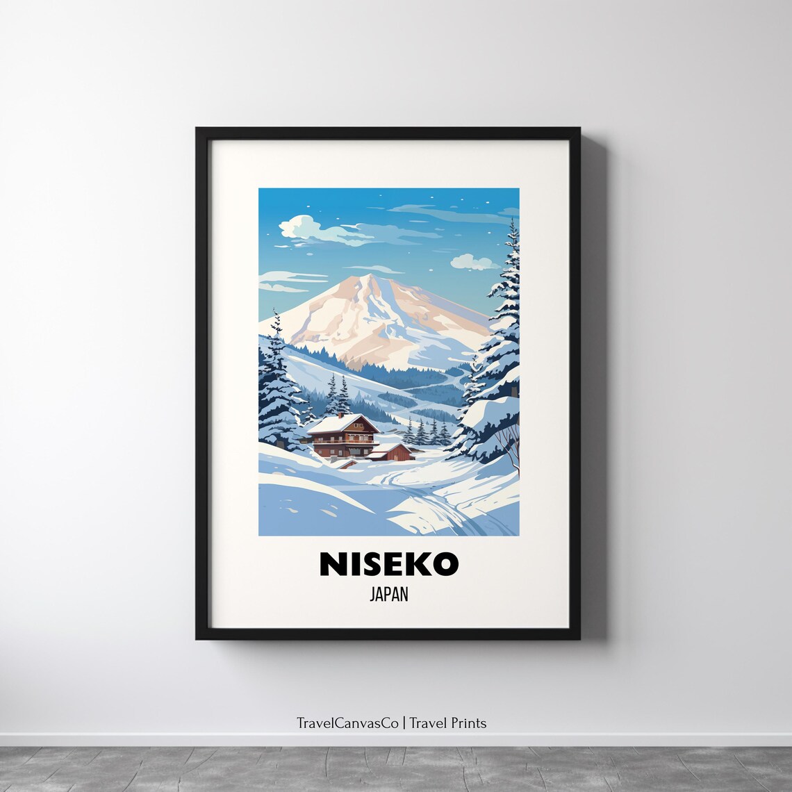 Niseko Japan Snowy Mountain Ski Chalet Vintage Travel Poster