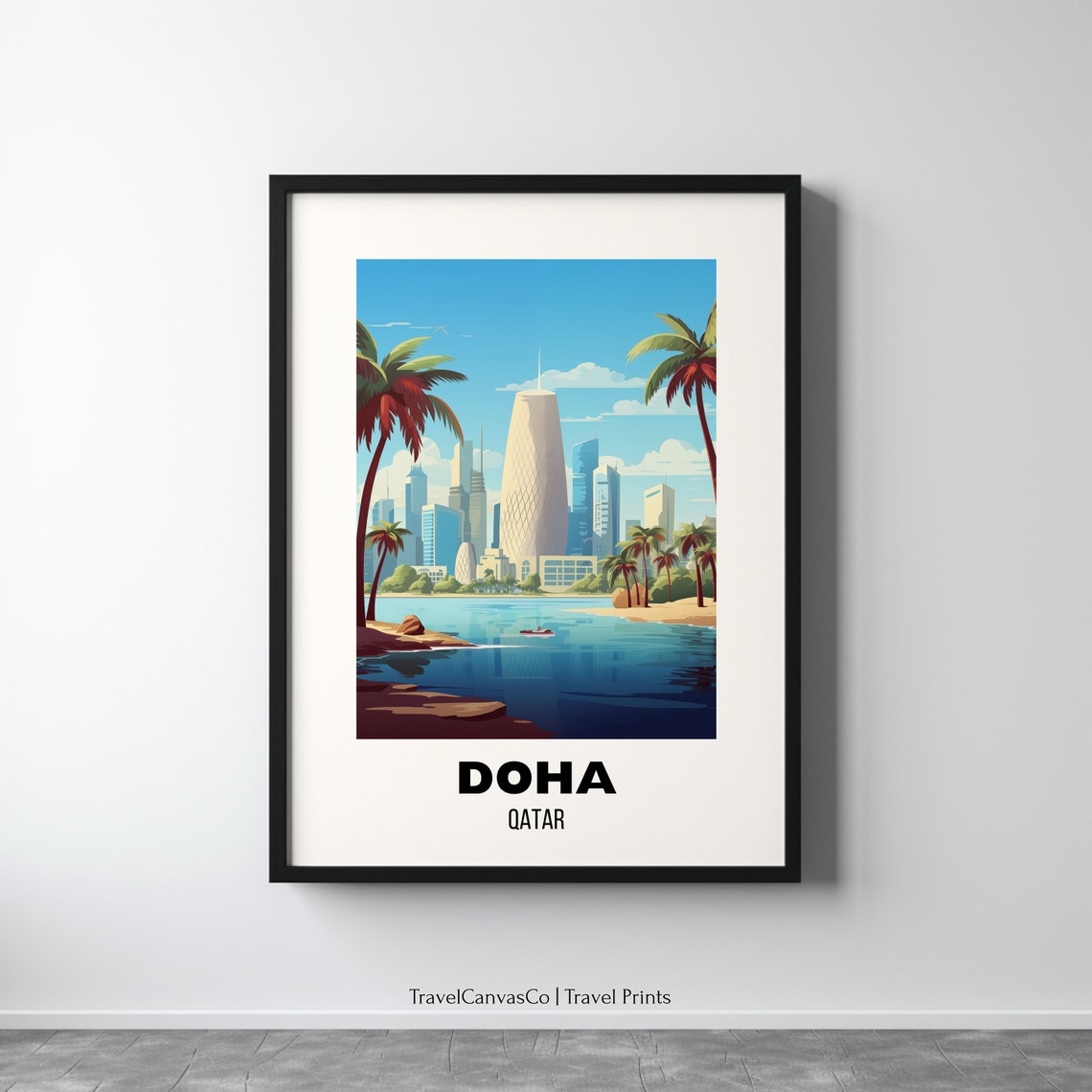 Doha Qatar Futuristic Skyline Waterfront Palm Trees Travel Poster