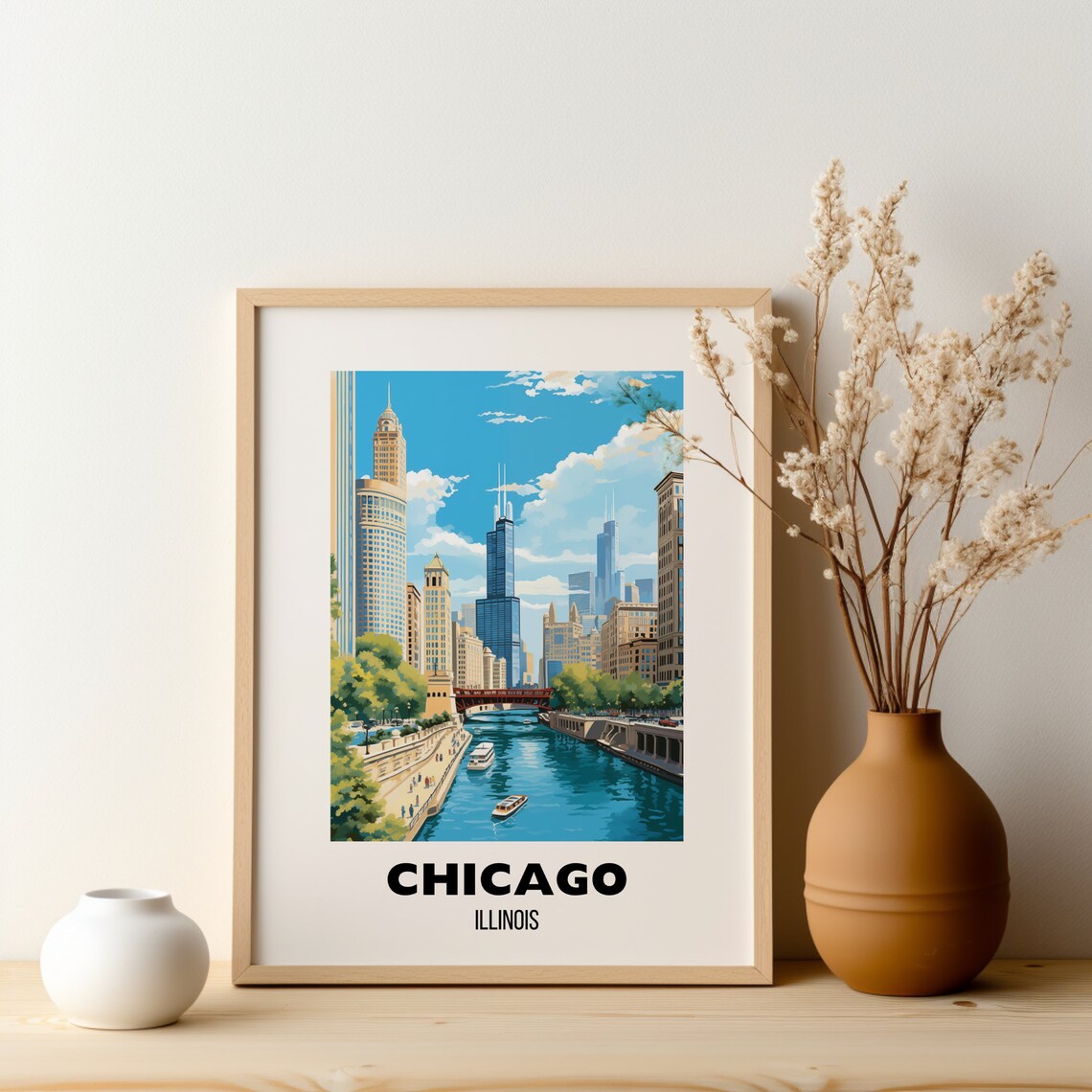 Chicago Illinois Riverwalk City Skyline Bridges Downtown Travel Poster - Image 2