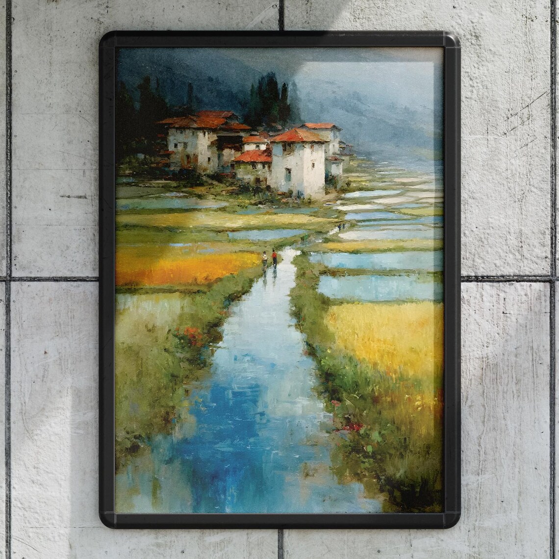 Rustic Rice Paddy Village Countryside Landscape Oil Painting Poster