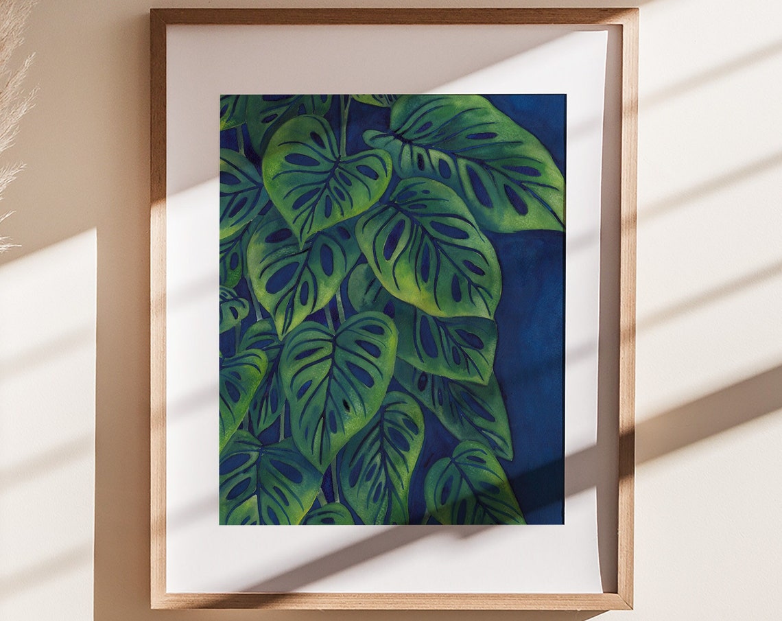 Monstera Adansonii Leaves On Deep Navy Watercolor Tropical Art Poster