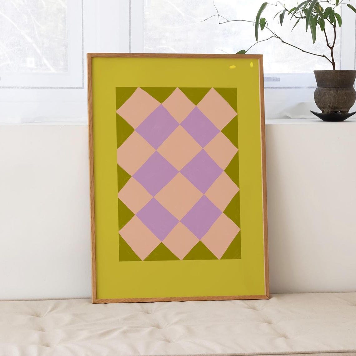 Green Peach Lavender Checkered Quilt Pattern Retro Geometric Poster