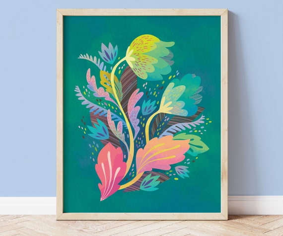 Bright Flower Art Colorful Floral Art Print Bold Wall Art Green And Pink Boho Decor Floral Illustration Maximalist Bright Art