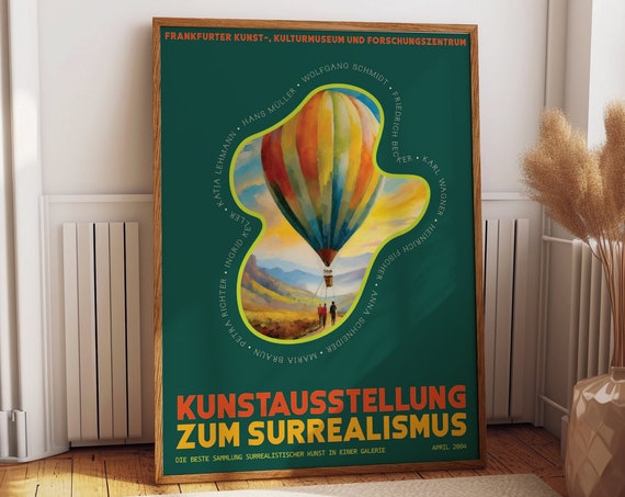 Modern Hot Air Balloon Wall Art Surrealism Exhibition Poster For Vibrant Green Themed Bedroom Unique Room Decor Gift Ideas