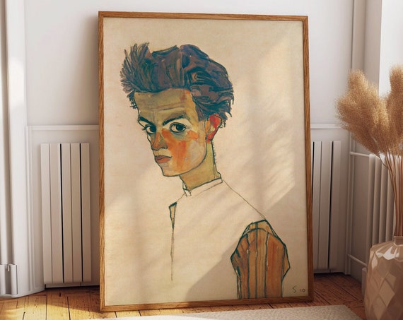 Egon Schiele Self Portrait, Striped Shirt Art Print