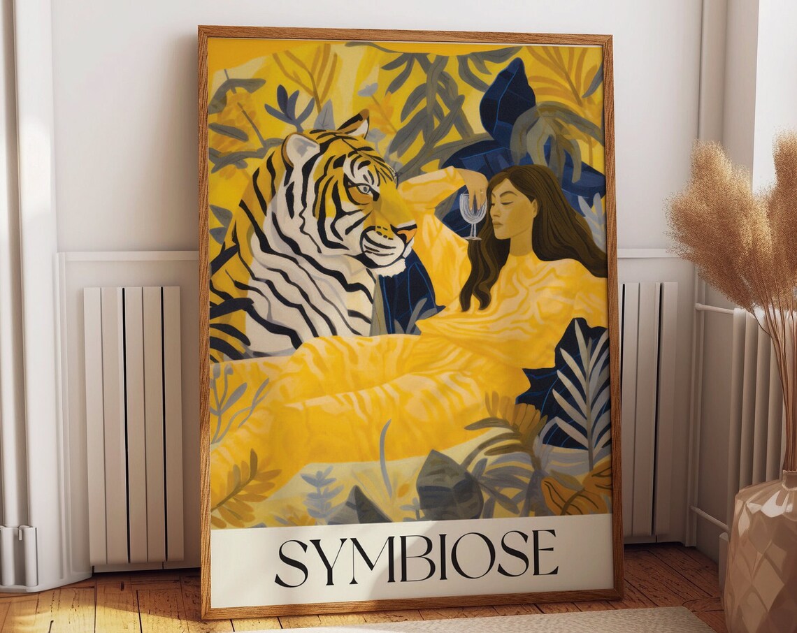 Symbiose Golden Yellow Tiger And Woman Tropical Jungle Floral Art Poster