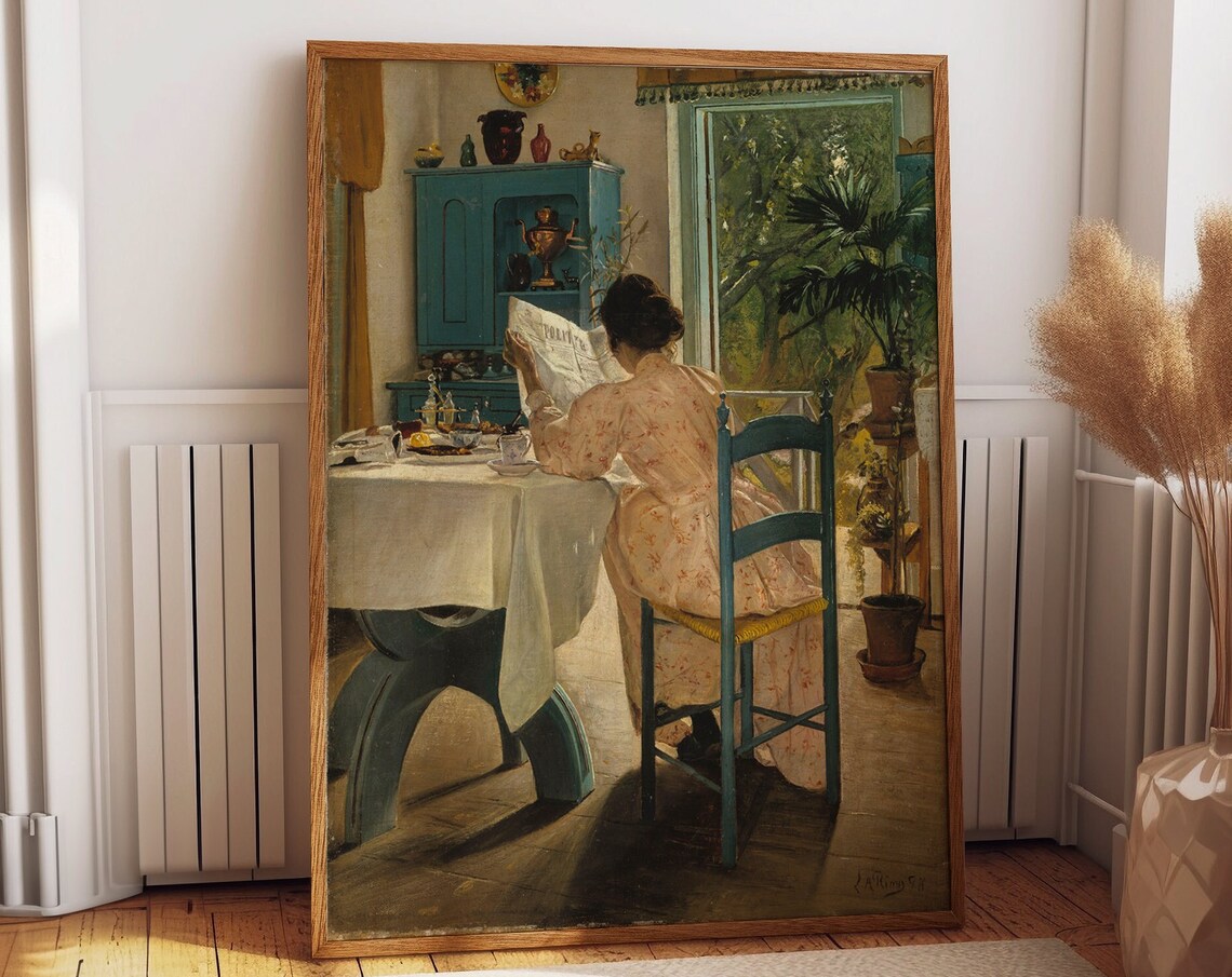 Woman Reading Newspaper at Breakfast 1898 Vintage Fine Art Print