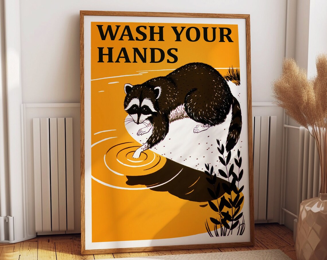 Wash Your Hands Cute Animal Bathroom Wall Art Print