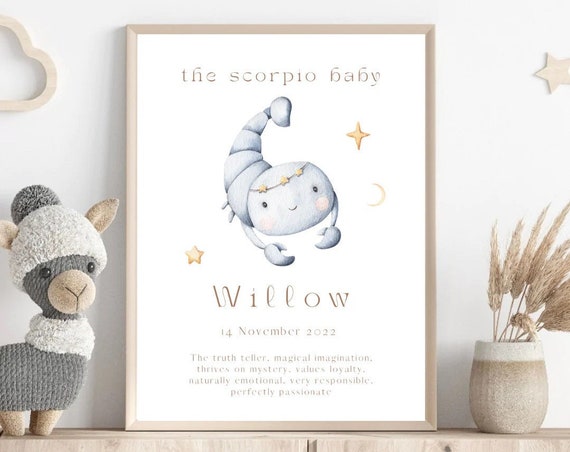 Custom Personalized Baby Child Name Zodiac Print Scorpio Baby Print Poster Newborn Child Star Sign Gift Horoscope Astrology Frame
