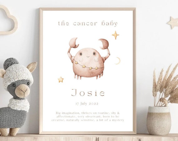 Custom Personalized Baby Child Name Zodiac Print Cancer Baby Print Poster Newborn Child Star Sign Gift Horoscope Astrology Frame