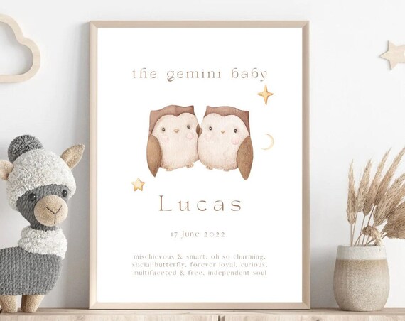 Custom Gemini Baby Zodiac Print Personalized Twin Owls Nursery Decor