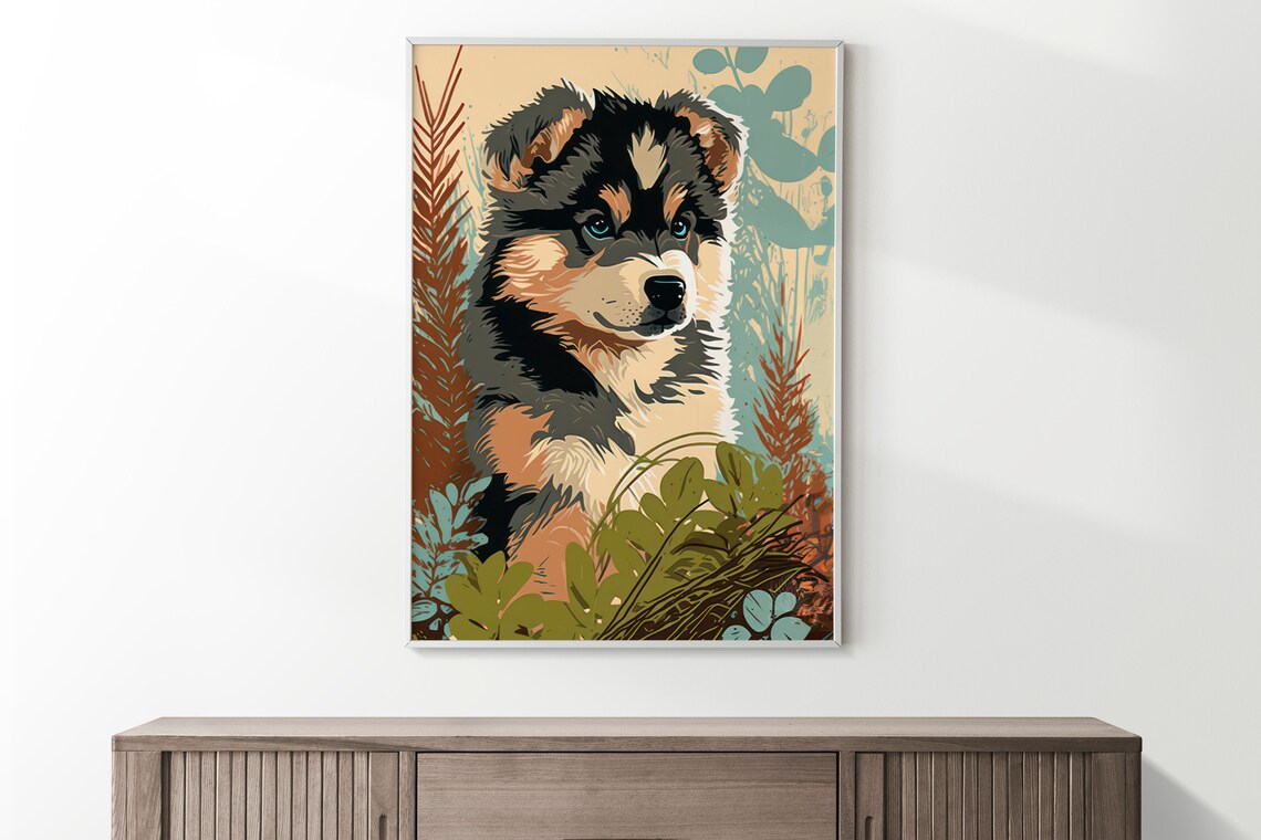 Husky Puppy Poster Blue Eyed Fluffy Pup Among Plants Cute Pet Decor - Image 2