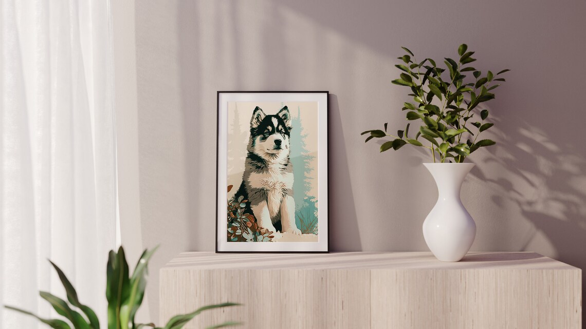 Husky Puppy Poster Sitting Portrait Beige Teal Modern Dog Art Decor - Image 2
