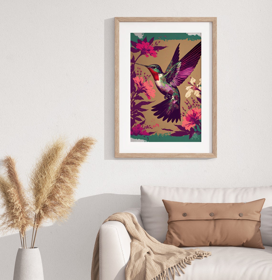 Ruby Throated Hummingbird Poster In Flight Pink Floral Gold Art - Image 3