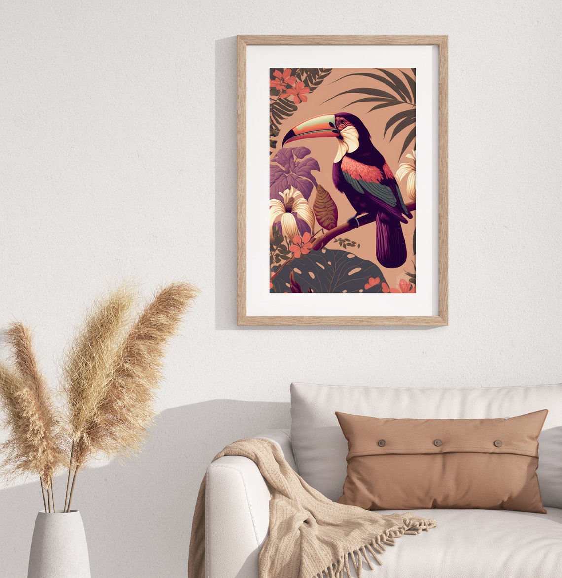 Tropical Toucan Poster Perched Among Flowers Peach Botanical Art