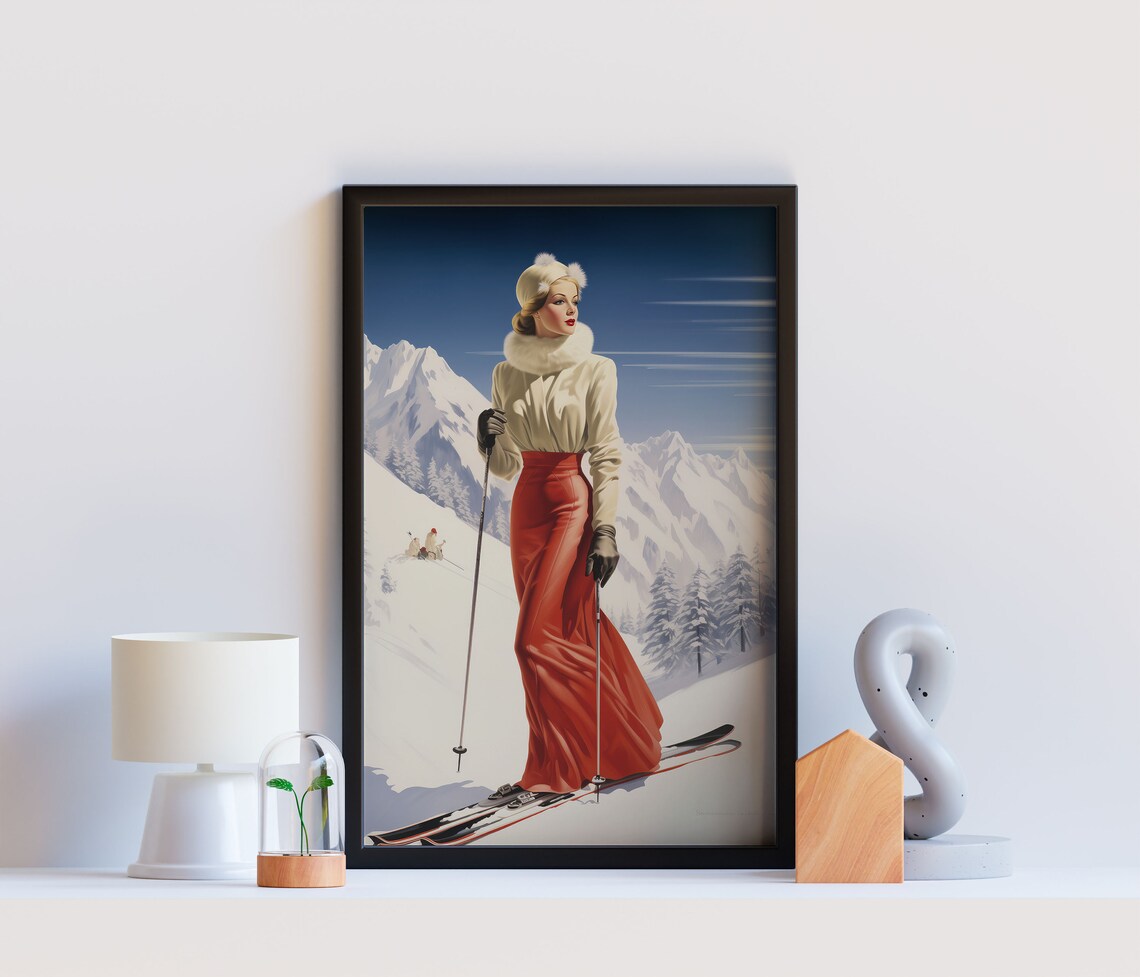 Elegant Ski Lady In Vintage Red Skirt Alpine Mountain Fashion Poster - Image 2