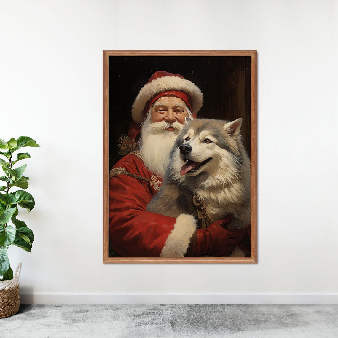 Santa Claus Hugging Fluffy Husky Dog Christmas Portrait Cute Wall Art - Image 3
