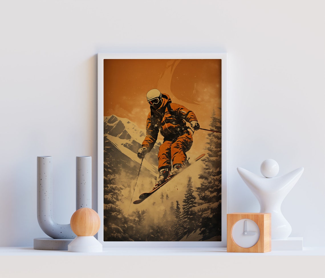 Vintage Ski Jumper Orange Sepia Retro Alpine Winter Sports Wall Art - Image 3