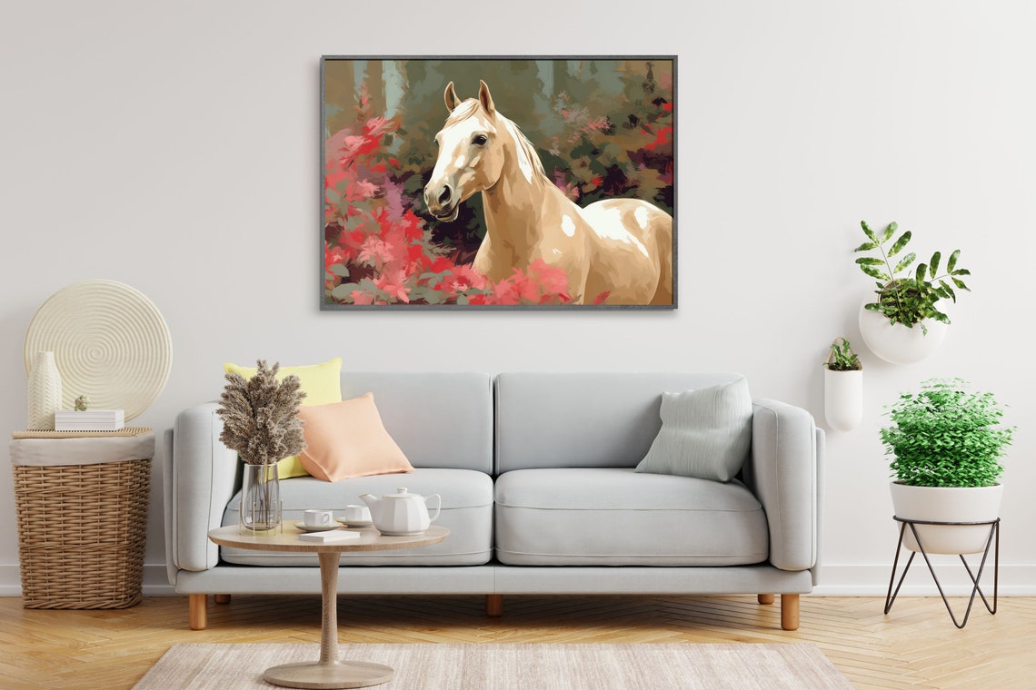 White Arabian Horse Print Western Floral Horse Art White Horses Arabian Stallion Painting Farmhouse Horse Posters Western Art