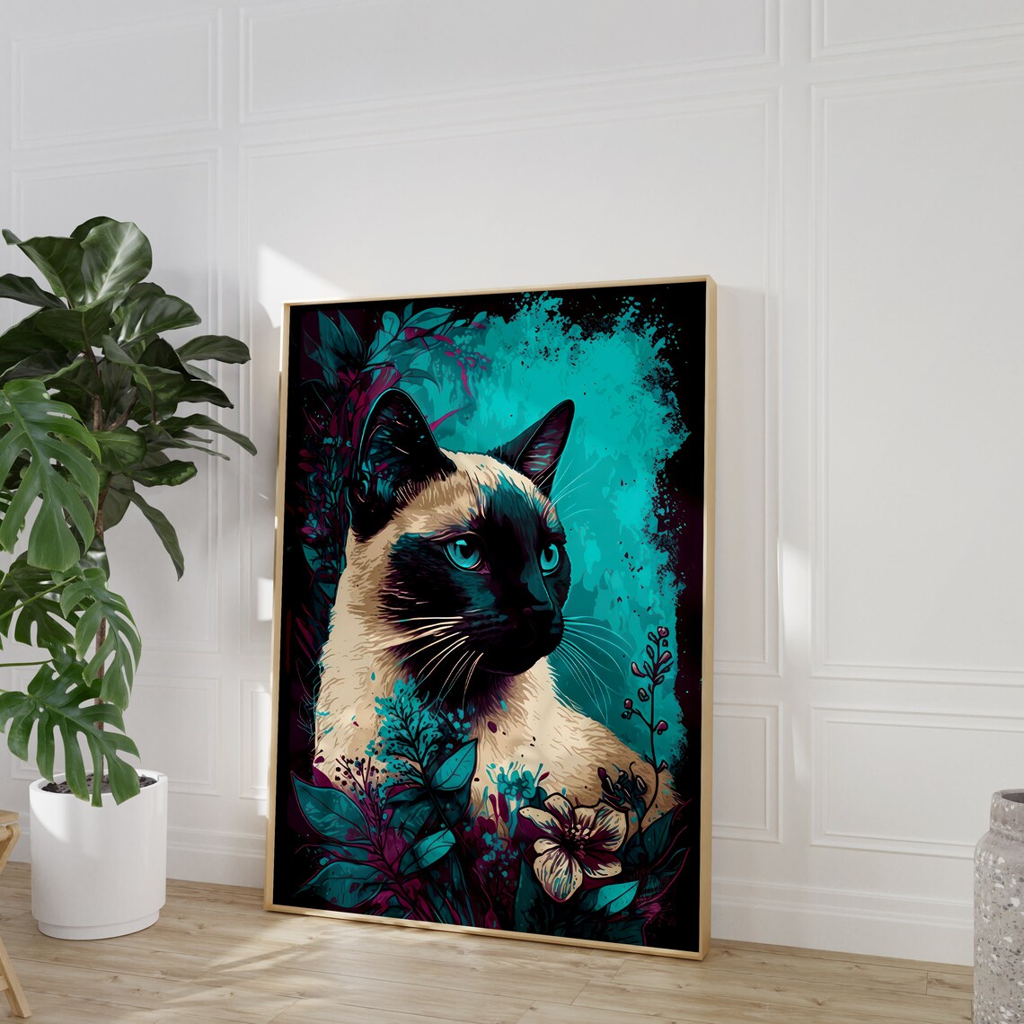 Siamese Cat Portrait Blue Eyes Teal Floral Jungle Art Poster - Image 2