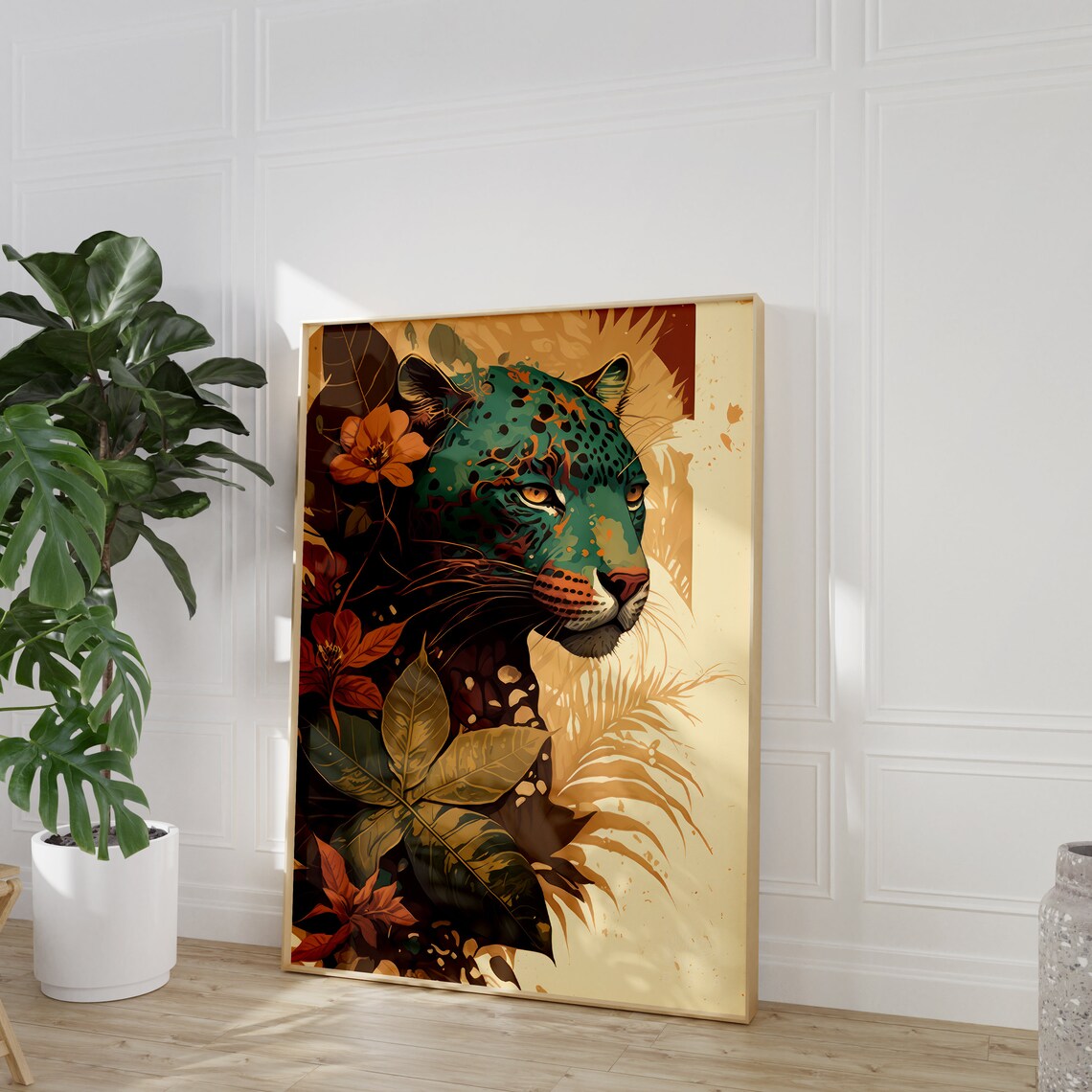 Stylized Green Jaguar Portrait With Golden Jungle Leaves Art Poster - Image 2