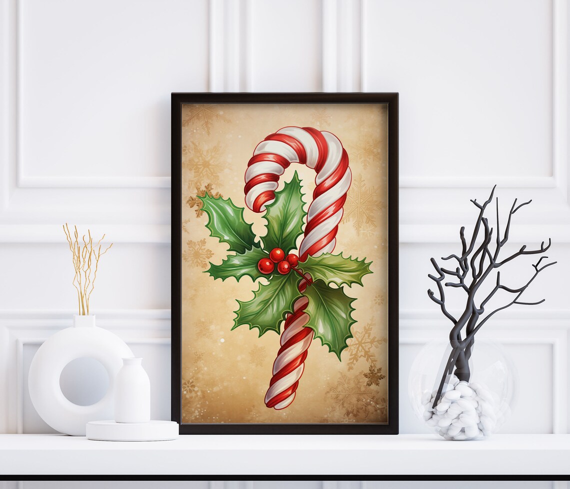 Christmas Candy Cane Holly Sprig Beige Snowflake Festive Sweet Wall Art - Image 3