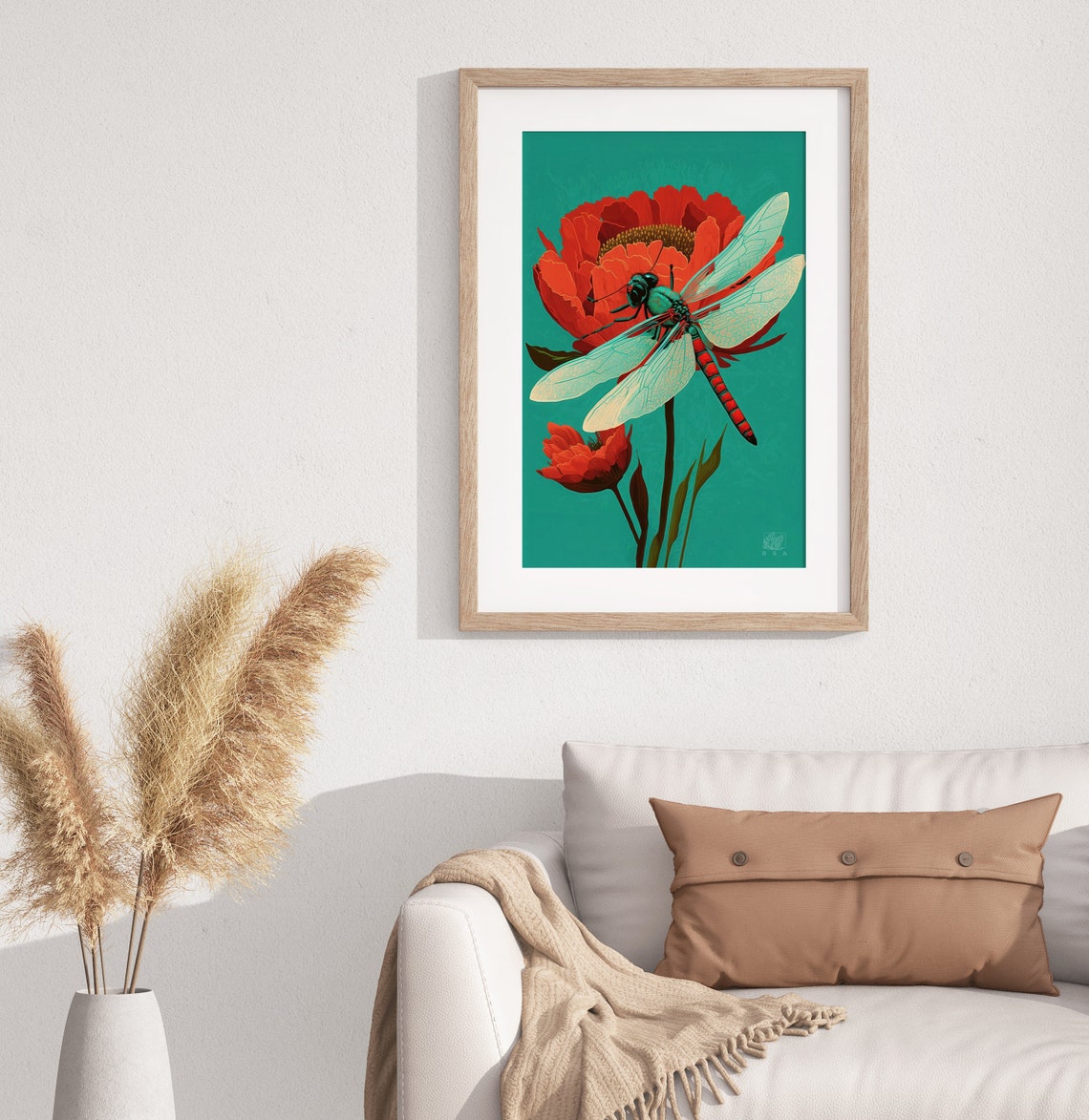 Teal Dragonfly On Red Poppy Bold Botanical Insect Art Poster - Image 3