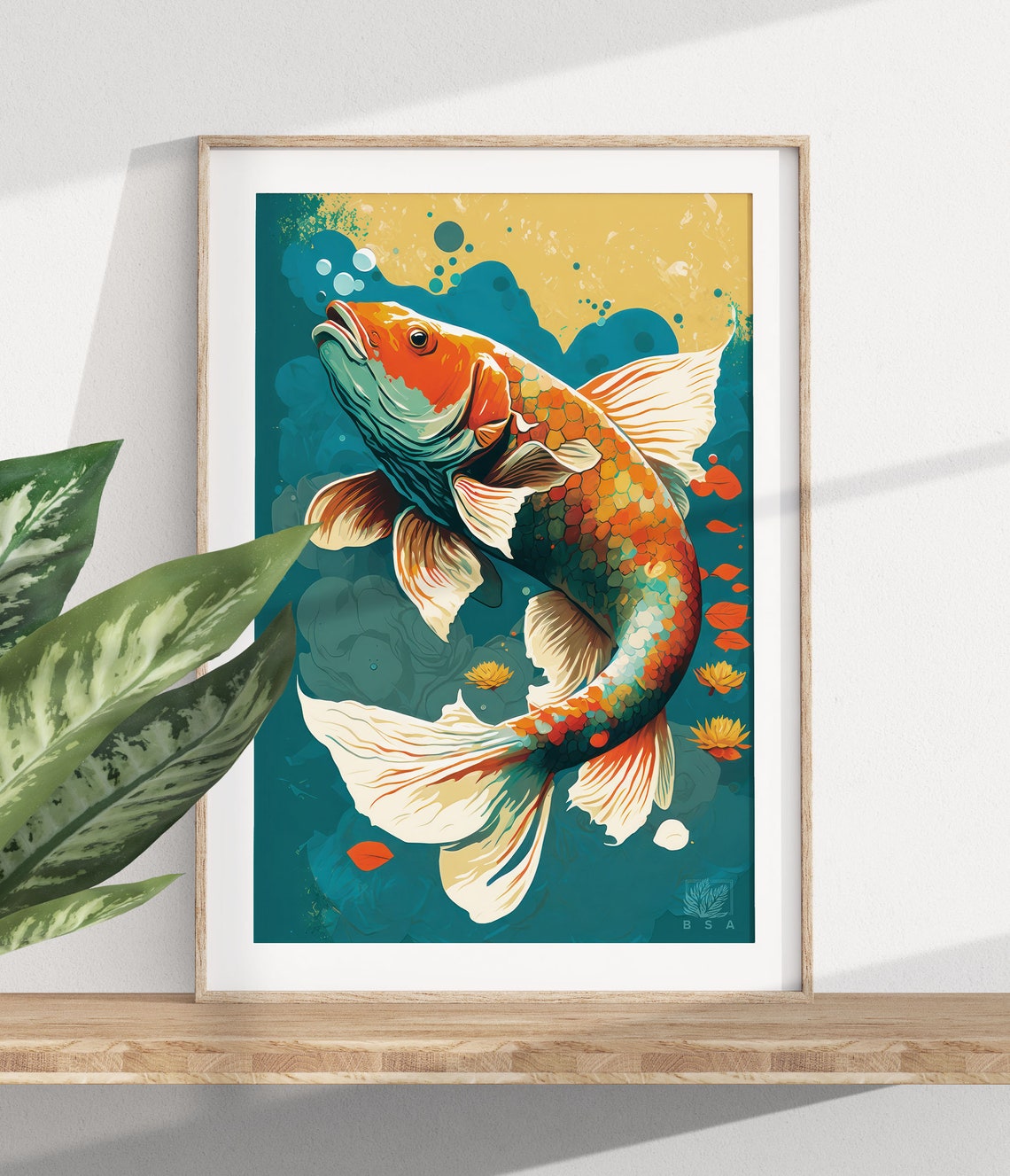 Golden Orange Koi Fish Leaping Through Teal Water Art Poster - Image 2