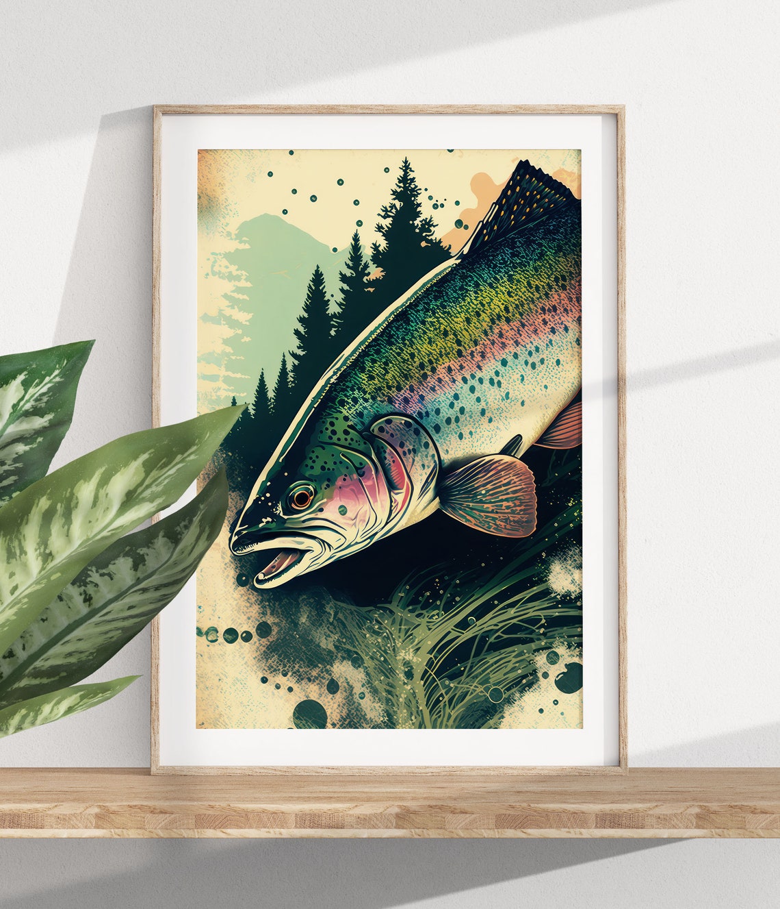 Rainbow Trout Leaping Beneath Pine Forest Vintage Fishing Poster - Image 2