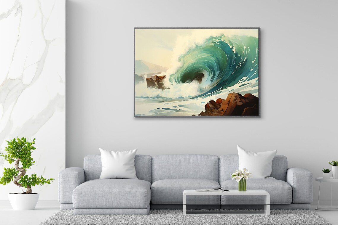 Powerful Emerald Ocean Wave Curling Over Rocks Watercolor Poster - Image 2