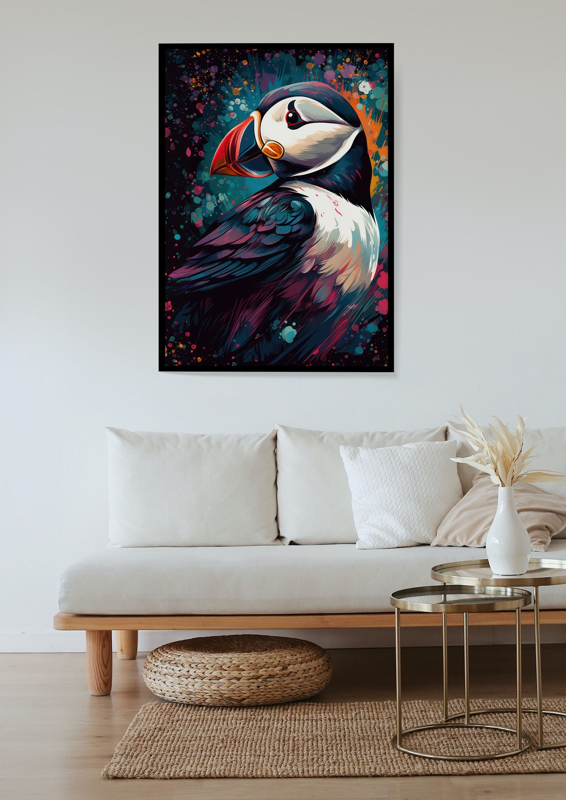 Atlantic Puffin Portrait Poster Colorful Paint Splash Seabird Art - Image 2