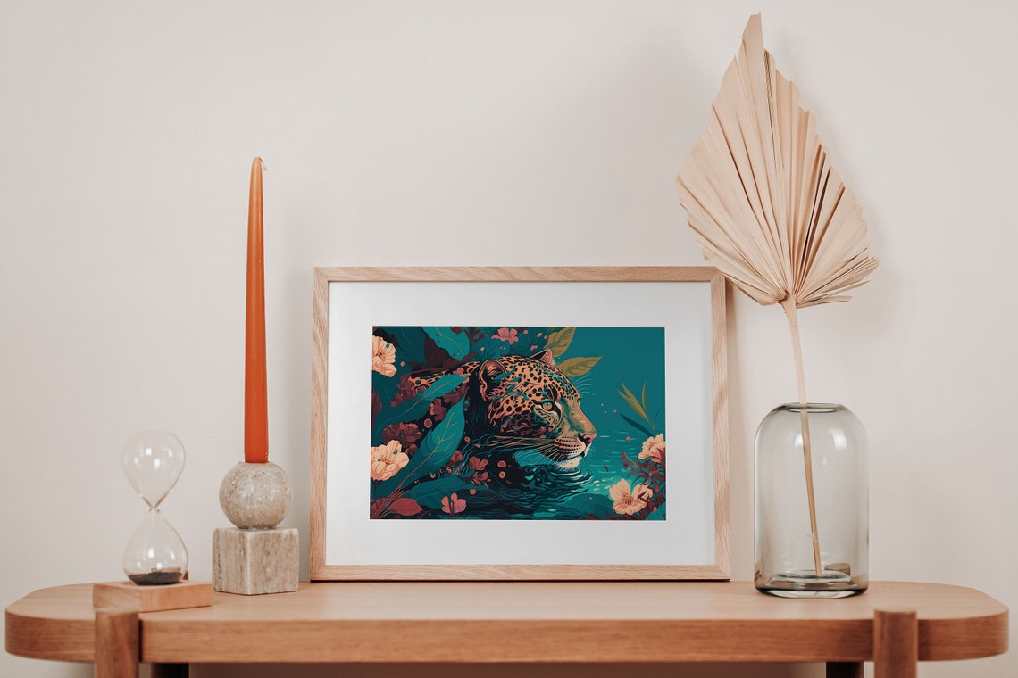 Jaguar Wading Tropical Lagoon Water Leaves Modern Jungle Poster - Image 3